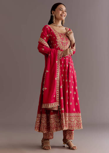 Red Chinon Zari Sequin Anarkali Suit With Dupatta