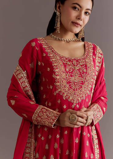 Red Chinon Zari Sequin Anarkali Suit With Dupatta