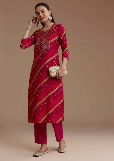 Red Cotton Silk Foil Mirror Kurta Set