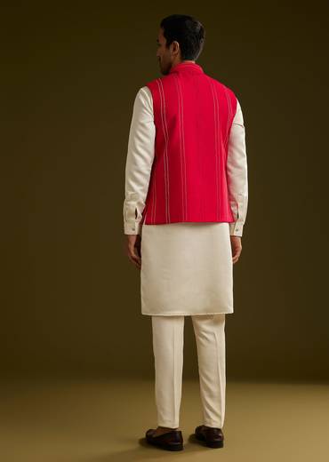 Red Cotton Silk Kurta Set With Nature Motif Jacket