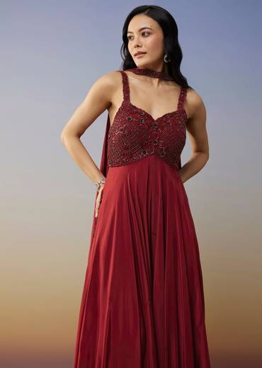 Red Crepe Jumpsuit with Cut Dana Work