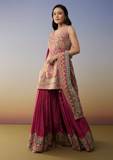 Red Crepe Palazzo Suits with Gotta and Stone Work