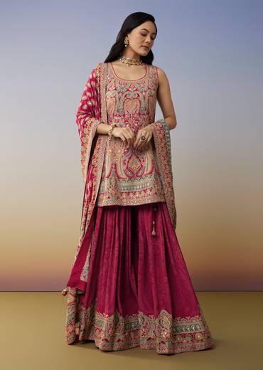 Red Crepe Palazzo Suits with Gotta and Stone Work