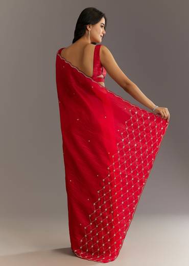Red Crushed Tissue Embroidered Saree With Cutdana And Sequin Work