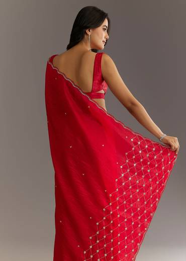 Red Crushed Tissue Embroidered Saree With Cutdana And Sequin Work