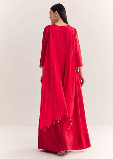 Red Dola Silk Anarkali With Silver Zardosi And Choker Dupatta