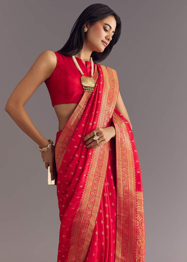 Red Dola Silk Butti Work Saree With Zari Border