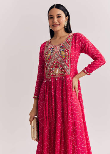 Red Dola Silk Gown With Embroidered Print