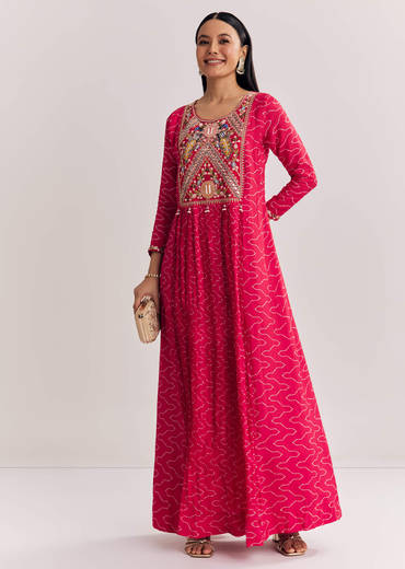 Red Dola Silk Gown With Embroidered Print