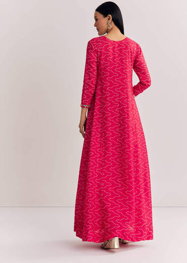 Red Dola Silk Gown With Embroidered Print