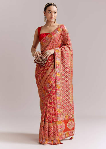 Red Dola Silk Handloom Banarasi Brocade Saree With Floral Jaal