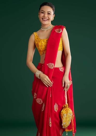 Red Dola Silk Saree With Butti Weave