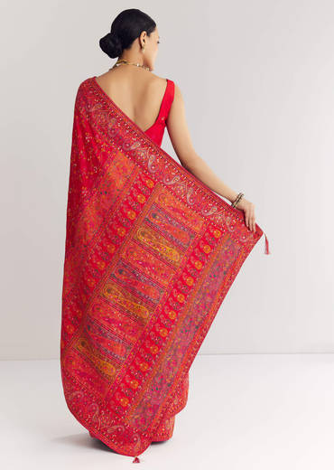 Red Dola Silk Saree With Traditional Floral Amd Jaal Work