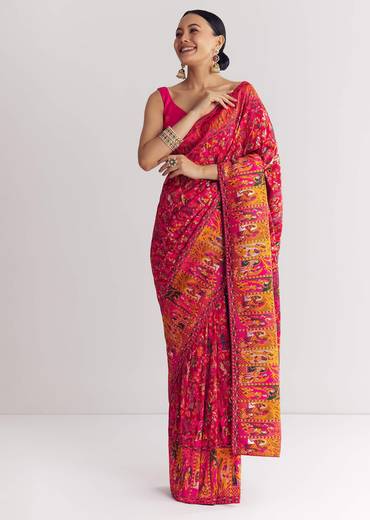 Red Dola Silk Saree With Traditional Weaves