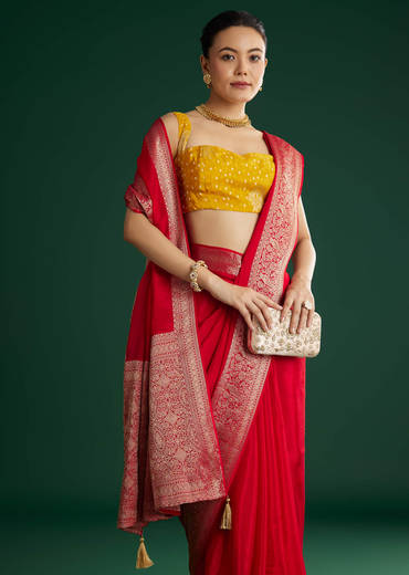 Red Dola Silk Saree With Woven Border And Pallu