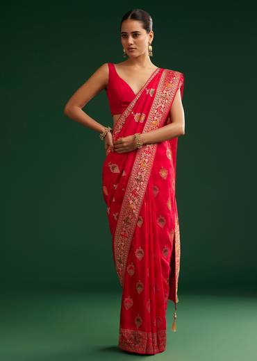 Red Dola Silk Saree With Zari Detailing