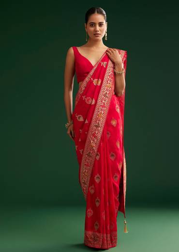 Red Dola Silk Saree With Zari Detailing