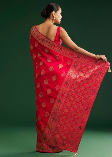 Red Dola Silk Saree With Zari Detailing