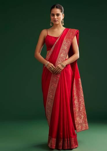 Red Dola Silk Saree With Zari Woven Borders And Pallus