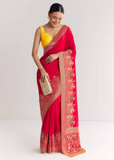 Red Dola Silk Saree With Zari Woven Motifs