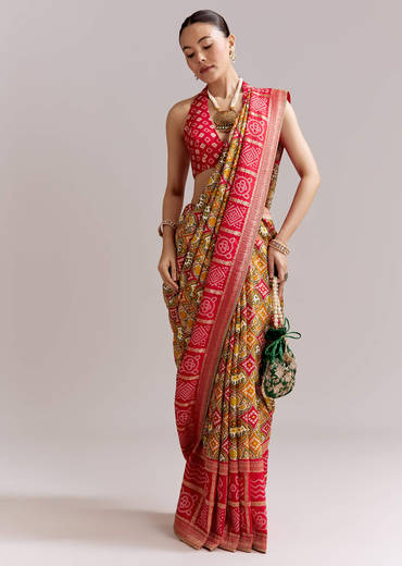 Red Dola Silk Woven Bandhani Saree With Gotapatti Detailing
