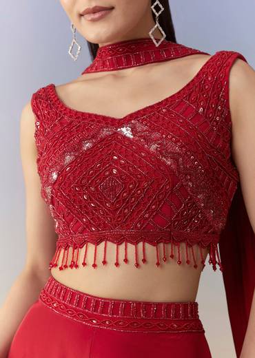 Red Embellished Indo Western Crop Top Palazzo Set