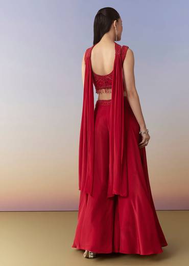 Red Embellished Indo Western Crop Top Palazzo Set