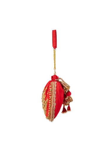 Red Embroidered Motif Potli Bag in Silk