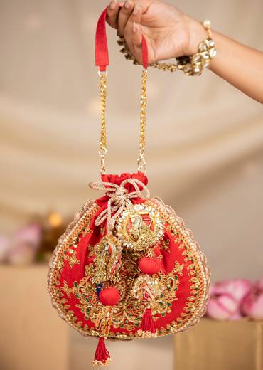 Red Embroidered Motif Potli Bag in Silk