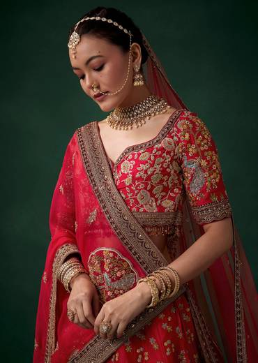 Red Floral Motif Embroidered Bridal Lehenga Sets
