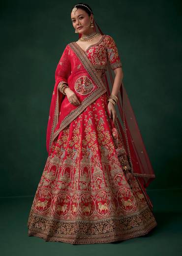 Red Floral Motif Embroidered Bridal Lehenga Sets