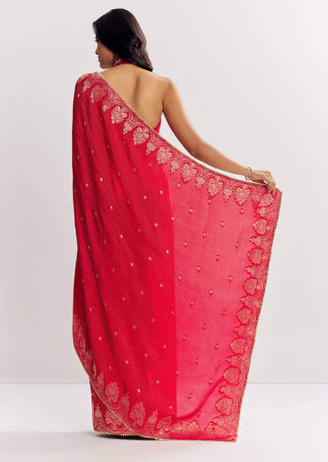 Red Georgette Lurex Saree With Brocade Butti And Gota Patti Border