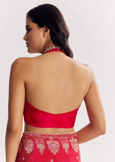 Red Georgette Lurex Saree With Brocade Butti And Gota Patti Border