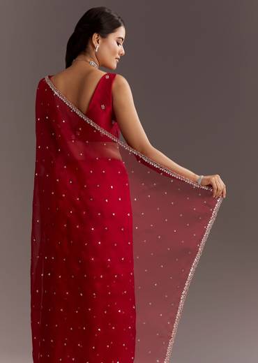 Red Glass Tissue Saree With Cutdana And Sequins Scallop Border