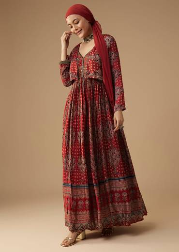 Red Hand Dyed Ajrakh Gown with Jacket and Scarf