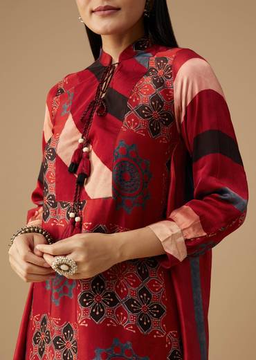 Red Hand Dyed Ajrakh Tunic and Pant Set