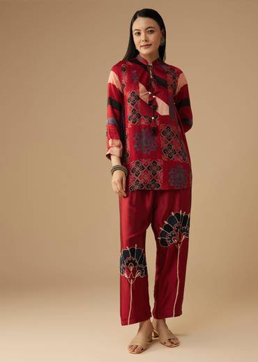 Red Hand Dyed Ajrakh Tunic and Pant Set
