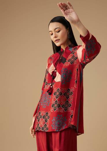 Red Hand Dyed Ajrakh Tunic and Pant Set