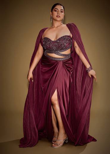 Red Hand Embroidered Blouse With Drape Skirt And Crushed Cape