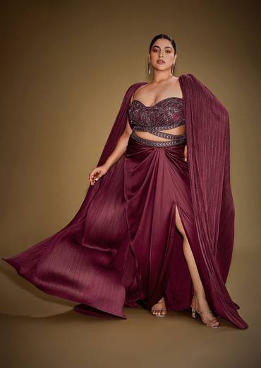 Red Hand Embroidered Blouse With Drape Skirt And Crushed Cape