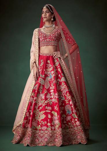 Red Heavy Butti Embellished Bridal Lehenga Set