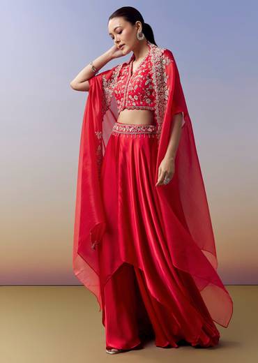 Red Indo Western Crop Top Skirt Set With Cut Dana Work And Embroidered Cape