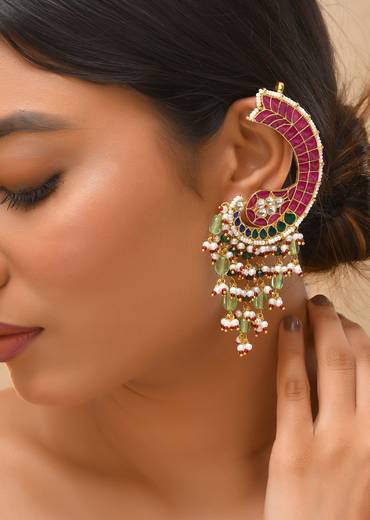 Red Kundan Ear Cuff Bead Drop Danglers