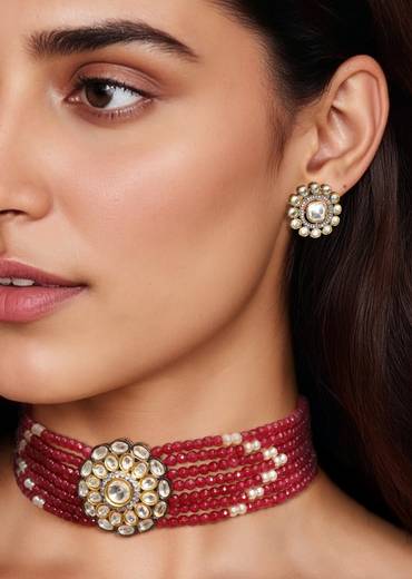 Red Kundan Encrusted Beaded Pendant Necklace Set
