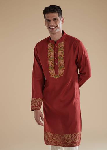Red Kurta Set With Resham Thread Work