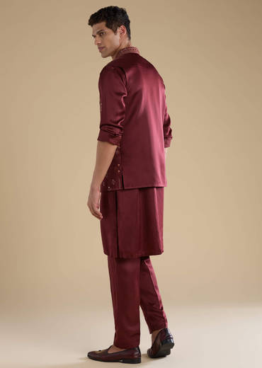 Red Linen Jacket Kurta Set with Resham Work