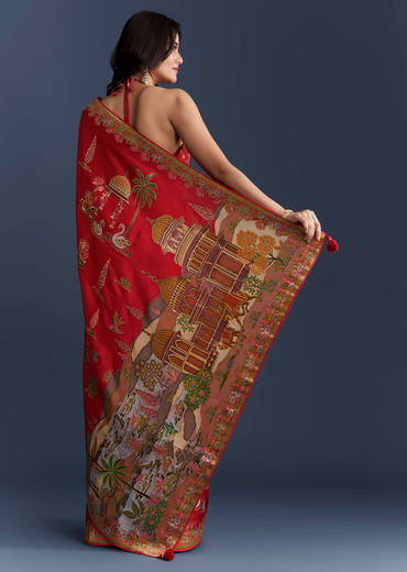 Red Magenta Dola Silk Saree With Nature Motifs And Embroidery