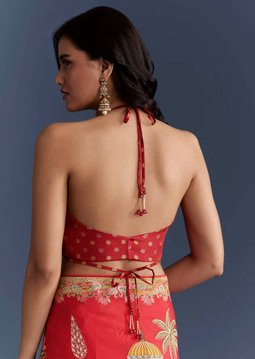 Red Magenta Dola Silk Saree With Nature Motifs And Embroidery