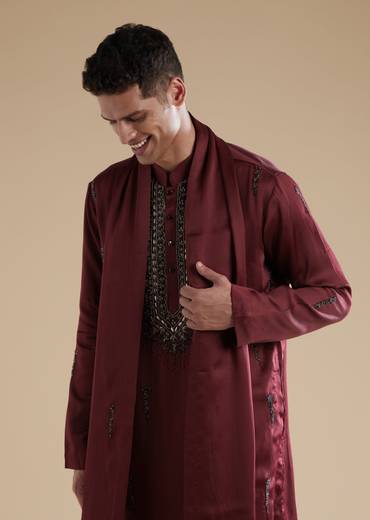 Red Maroon Silk Kurta Set With Metal Stone Detail