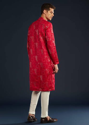 Red Mens Silk Abla Work Kurta Set